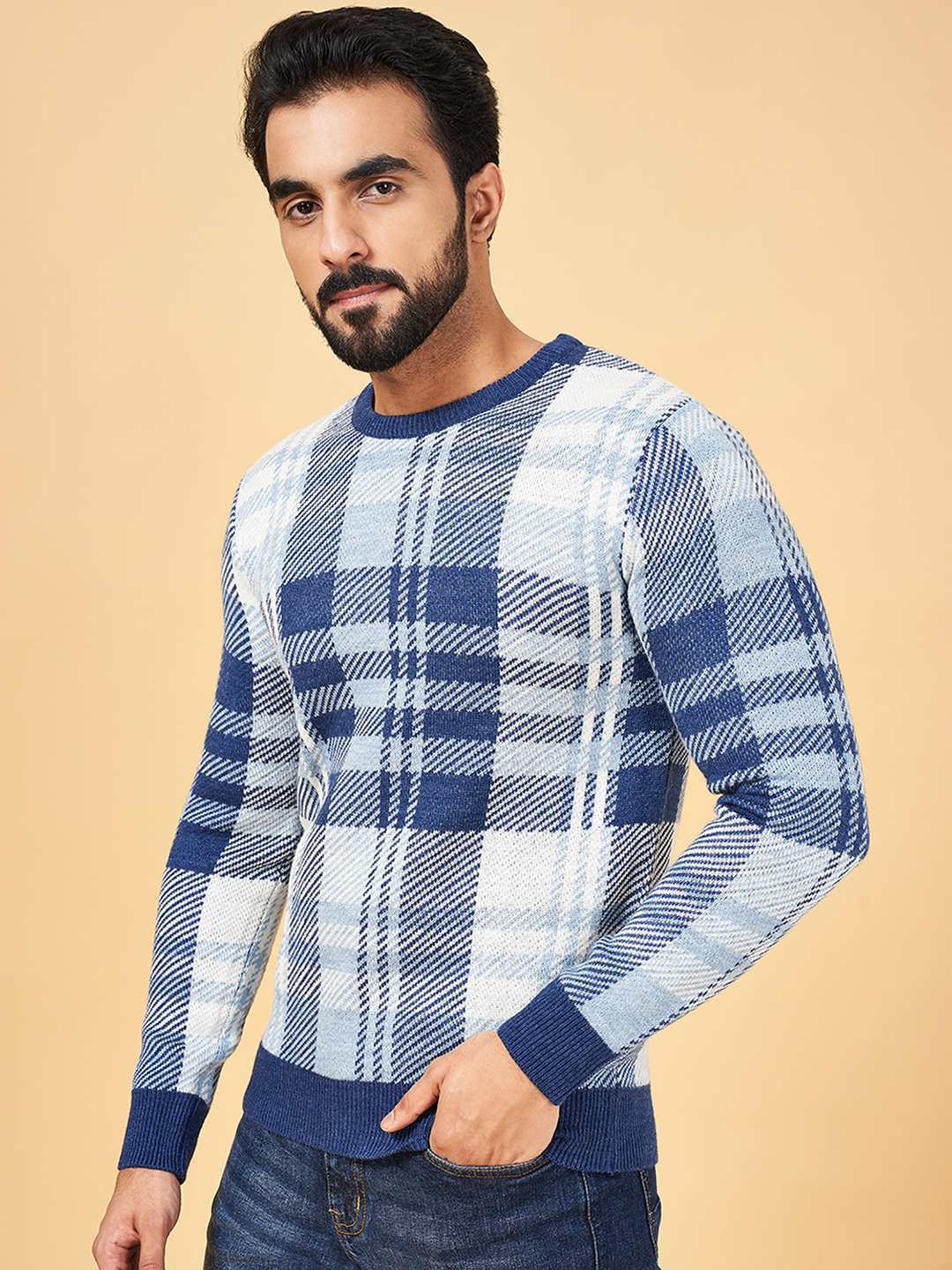 YU by Pantaloons Blue Regular Fit Checks Sweater