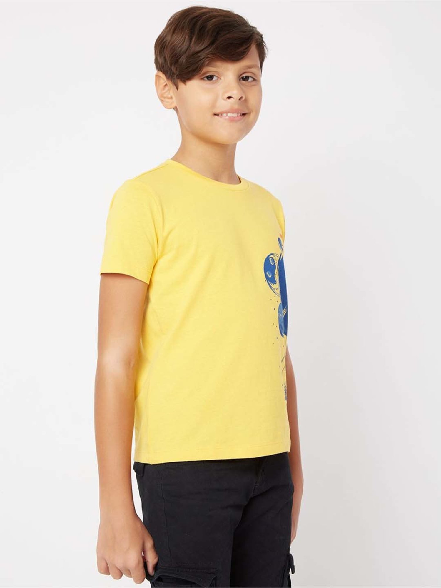 Gas Kids Vibrant Yellow & Blue Cotton Printed T-Shirt