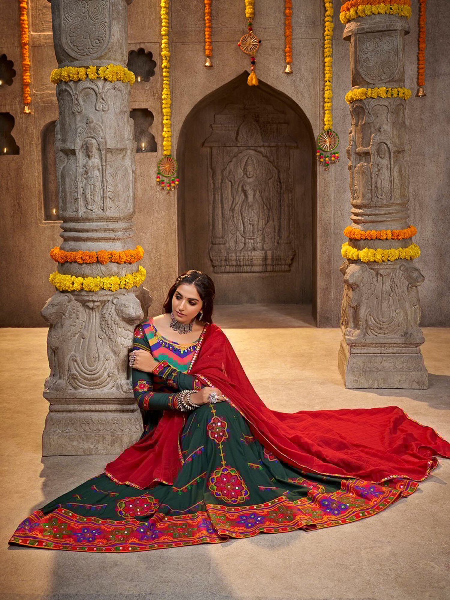 SHUBHKALA Green Embroidered Lehenga Choli Set With Dupatta