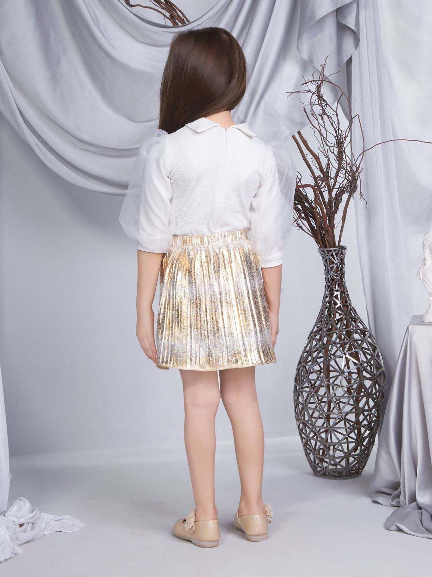 Peppermint Girls Gold & White Embellished Skirt Set