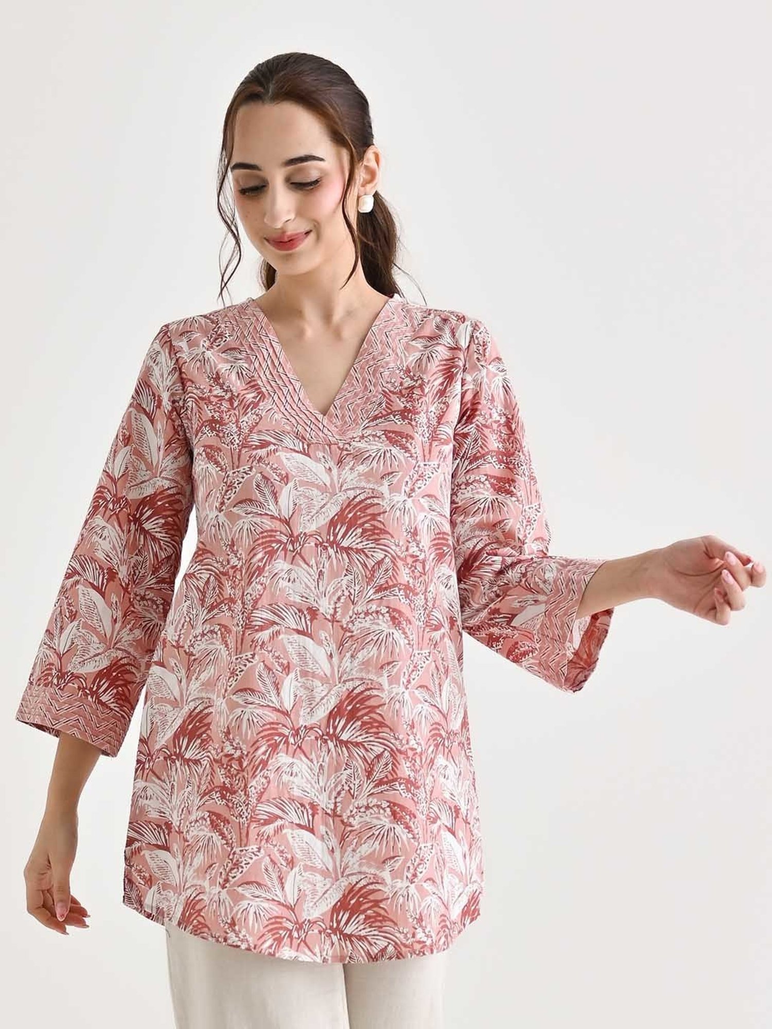 Rustorange Dusty Peach Cotton Printed A Line Short Kurti