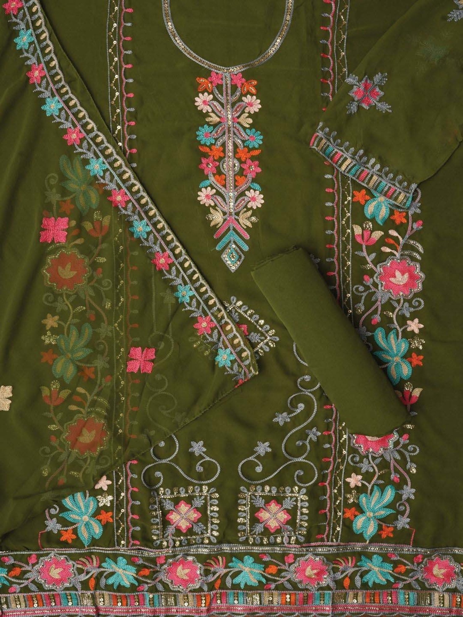 Jaipur Kurti Green Embroidered Unstitched Dress Material