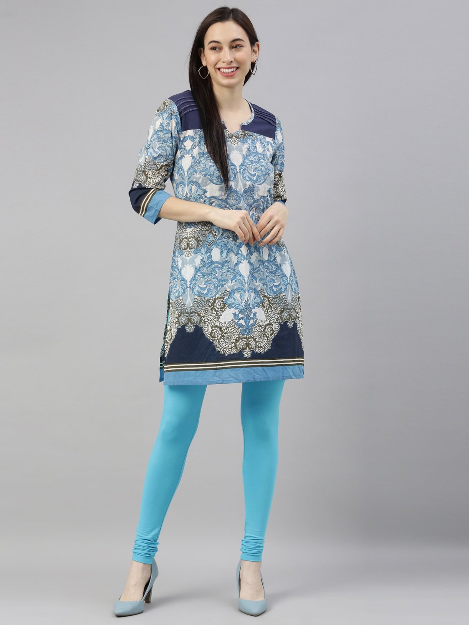 TWIN BIRDS Blue Cotton Full Length Leggings