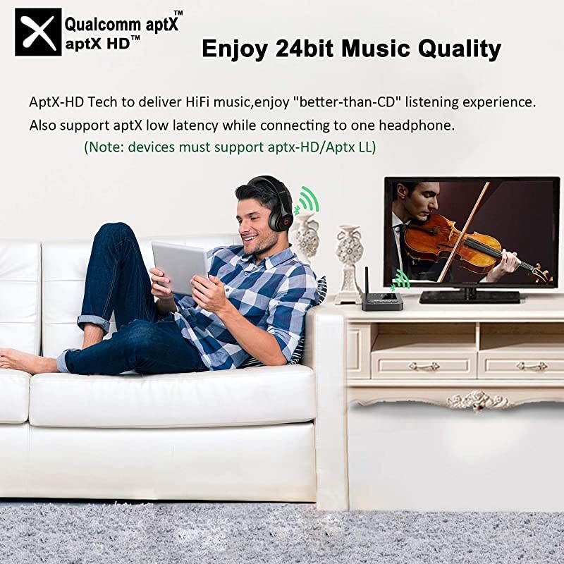 Long Range Bluetooth 50 Transmitter Receiver for TV 40MS Low Latency Wireless HD Audio Adapter with PassThru for Home Stereo Optical AUX RCA Always ON Dual Stream Pair with AirPods