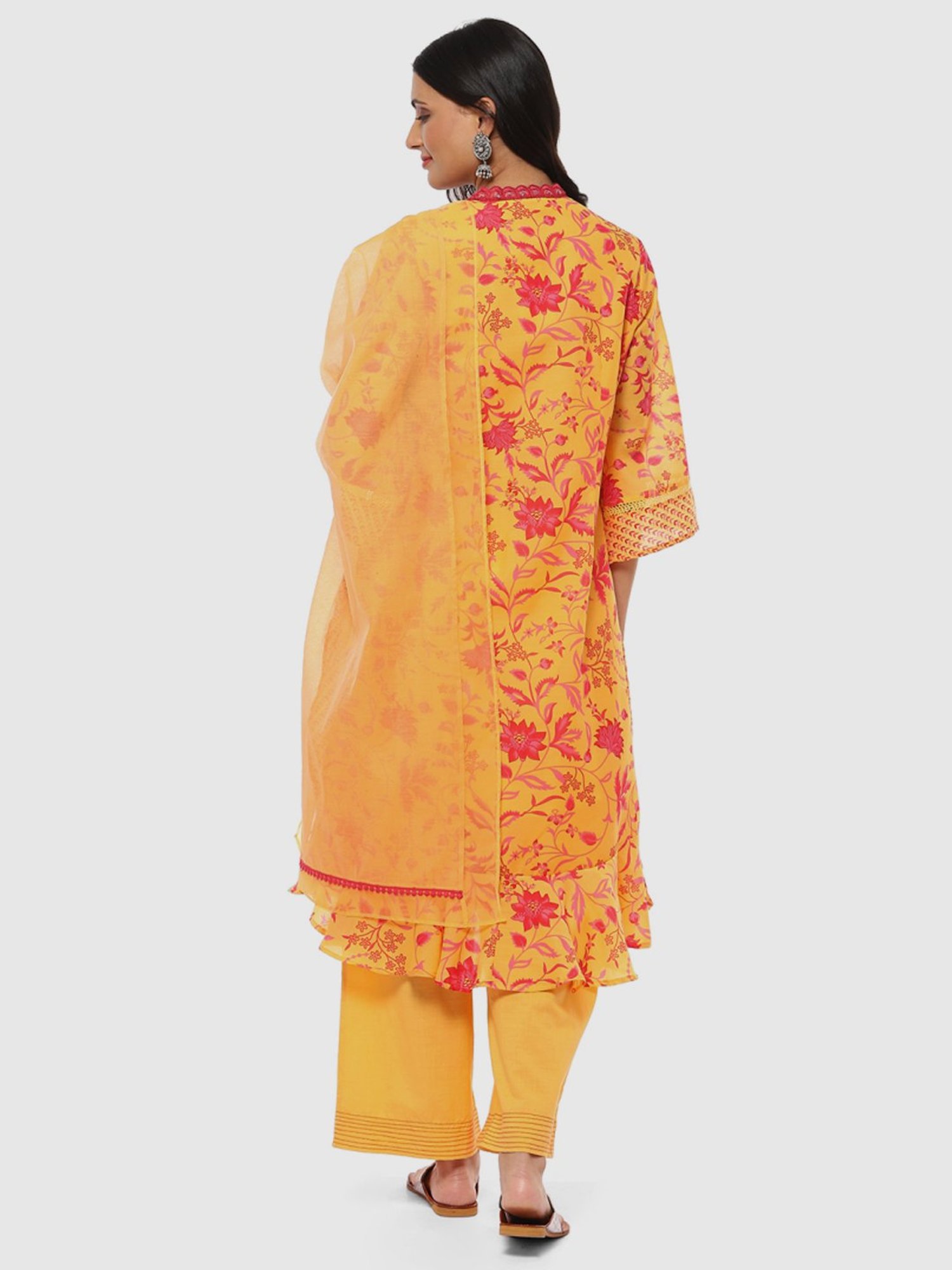 Biba Orange Floral Print Kurta Palazzo Set With Dupatta