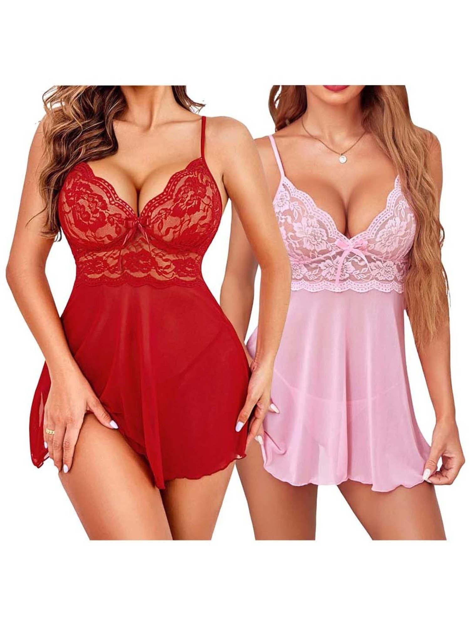 AROUSY Red & Pink Self Pattern Babydolls - Pack Of 2