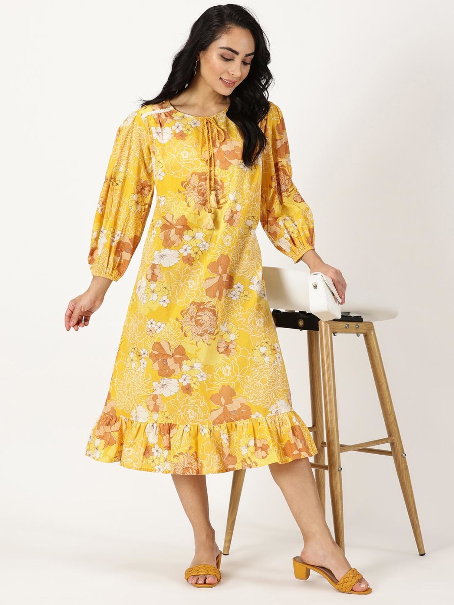 Saffron Threads Yellow Cotton Floral Print Ethnic Dress
