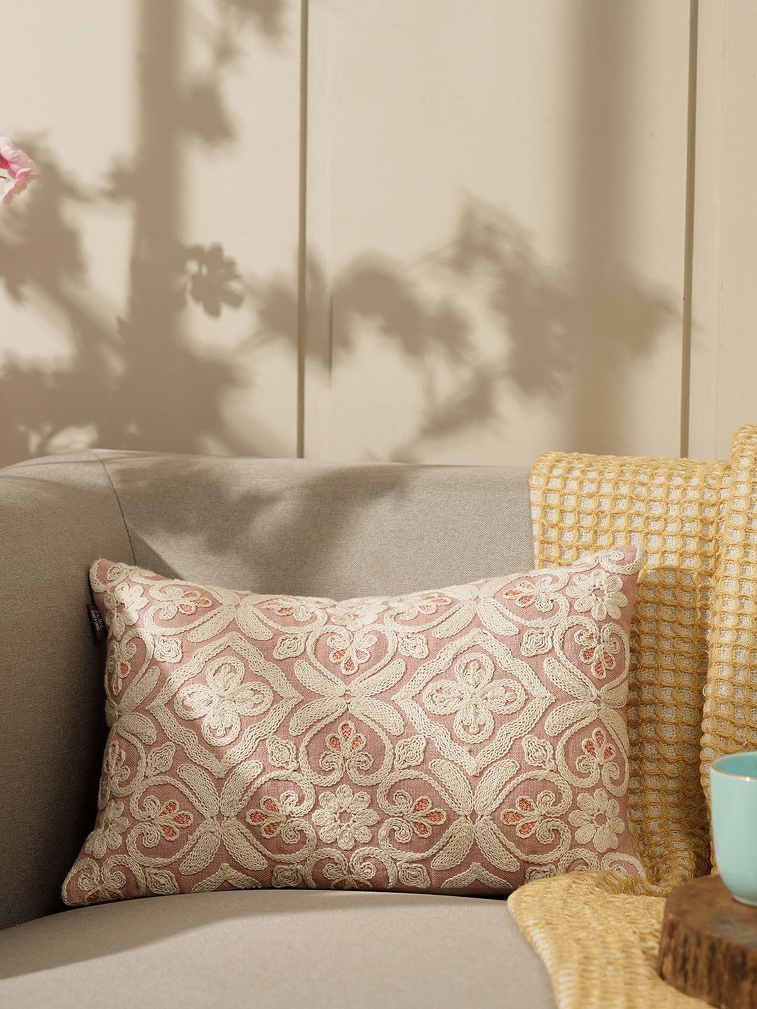 Pure Home and Living Pink Cotton Embroidery Cushion Covers