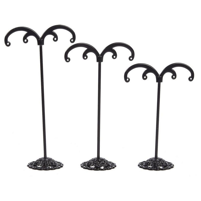 Earring Display - 3-Piece Earring Tree Set for Jewelry Studs, Floral Steel Holder Stands for Business, Home, Showcase Use, Black