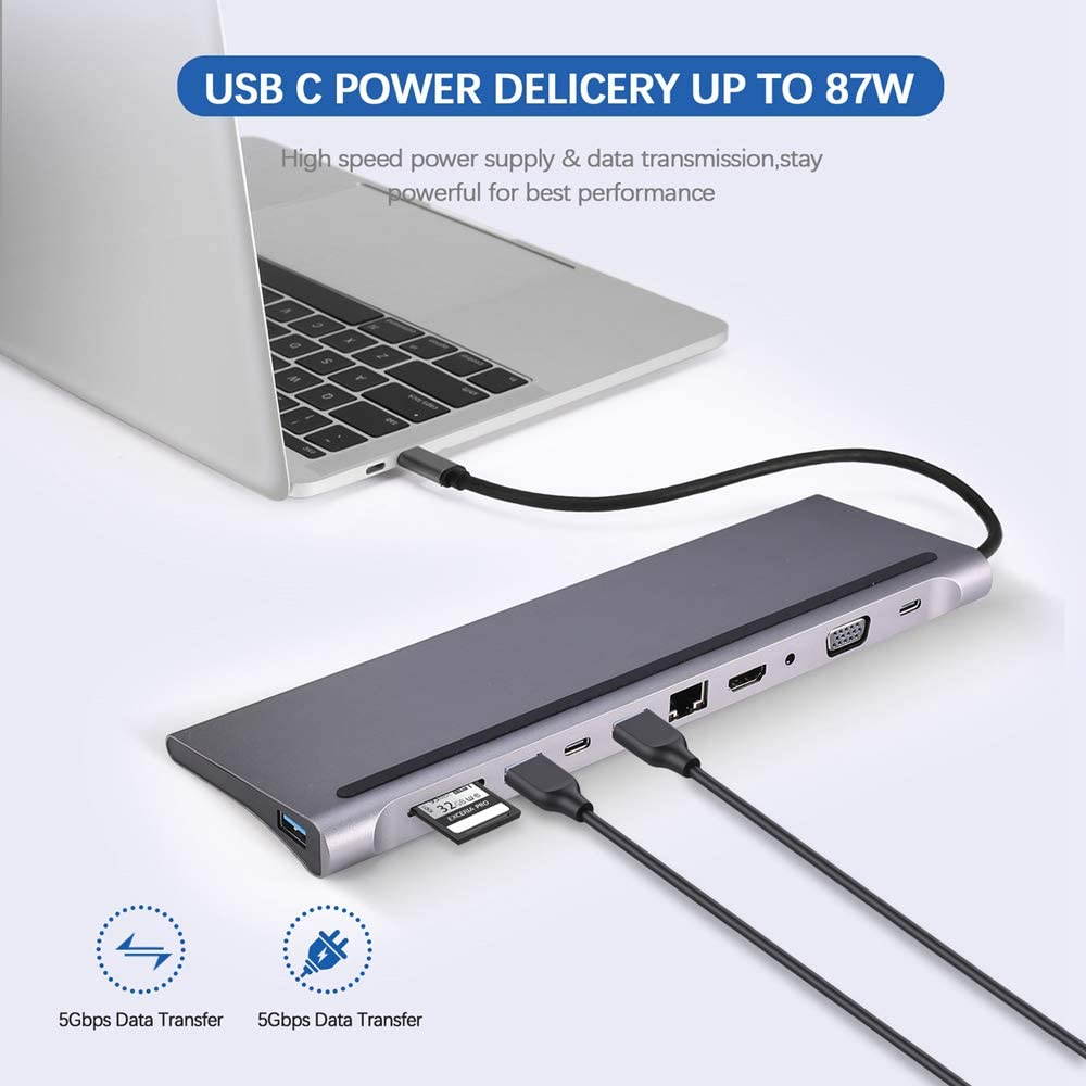 USB C Hub HDMI Ethernet Adapter 11 in 1 USB Type-C Hub to HDMI 4K VGA, Suitable for Samsung Dex Station, Universal Laptop Dock Hub with 87W PD Compatible with MacBook Pro / 2018 2017 / iPad/Air 2018