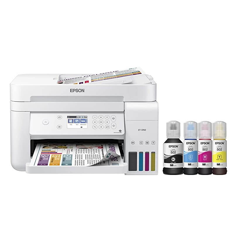 EcoTank ET3760 Wireless Color AllinOne CartridgeFree Supertank Printer with Scanner Copier and Ethernet Regular