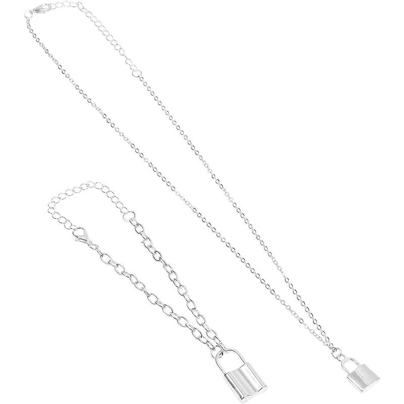 Zodaca 2 Piece Silver Padlock Necklace Chain Set for Punk Rock Party