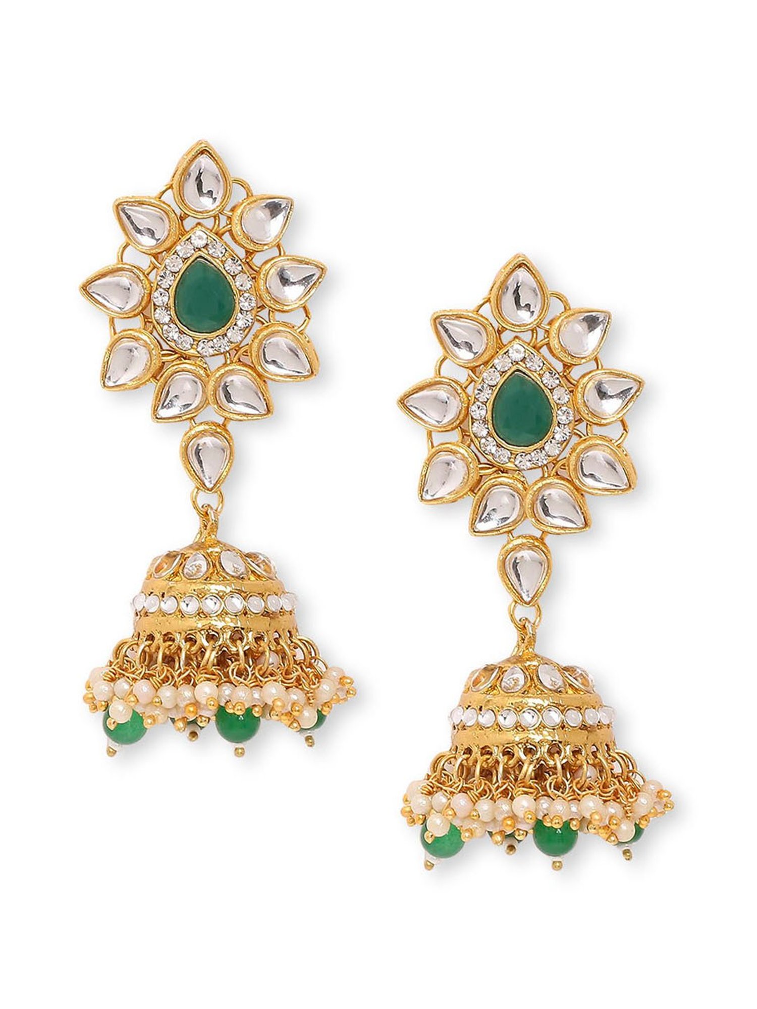 OOMPH Green Stone Kundan & Pearls Necklace Set with Drop Jhumka Earrings & Maangtikka