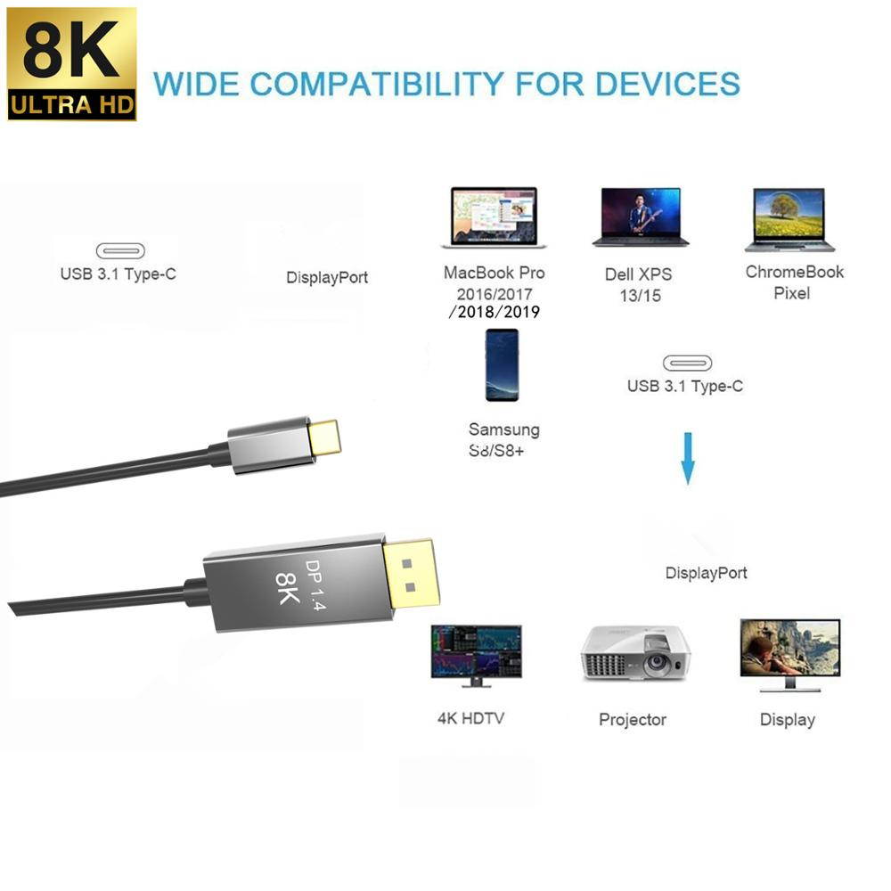 Thunderbolt 3 USB C DP1.4 Type C Cable to Displayport+PD Charging Port 8K HD Video Adapter Cable