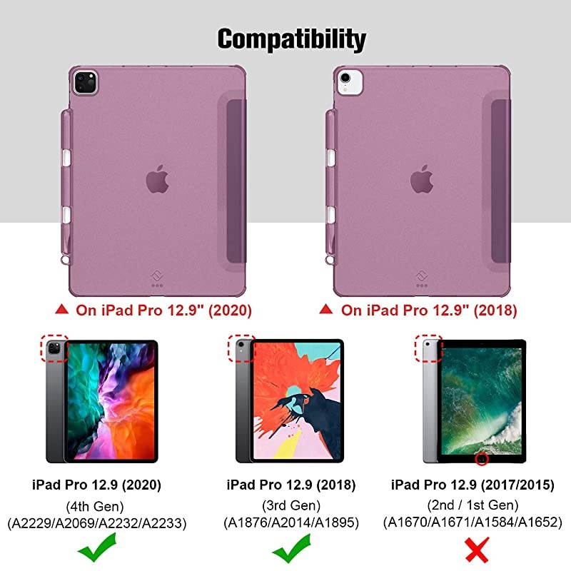 SlimShell Case for iPad Pro 12.9" 4th & 3rd Generation 2020/2018 with Pencil Holder - Lightweight Cover Translucent Frosted Stand Hard Back, Auto Wake/Sleep (Purple)