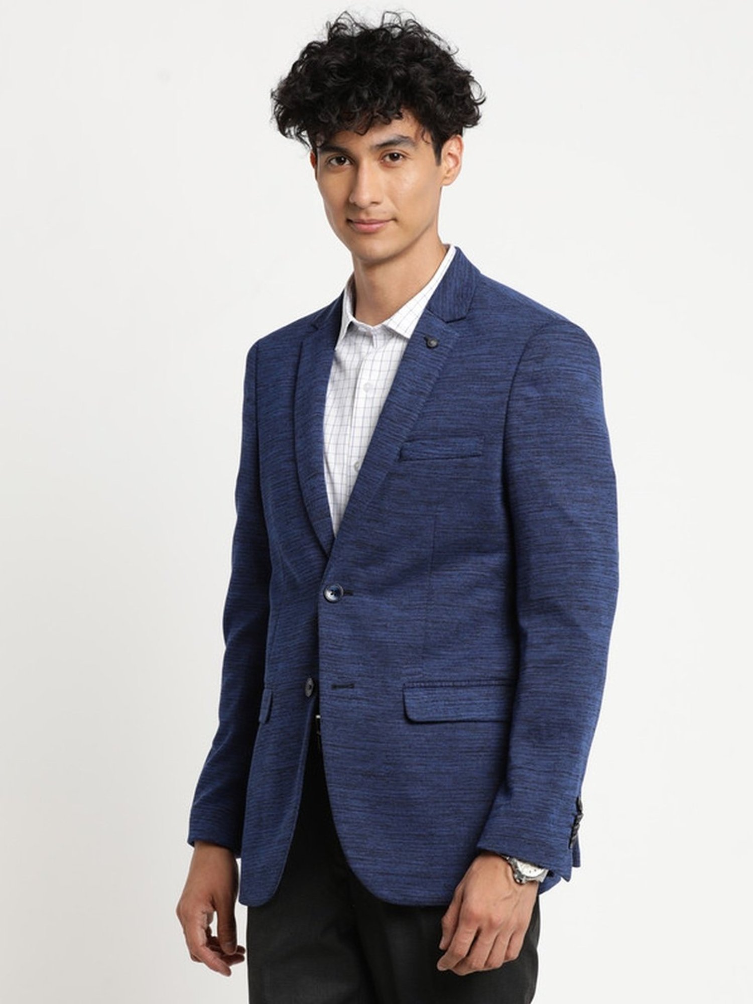 Turtle Navy Slim Fit Self Pattern Blazer