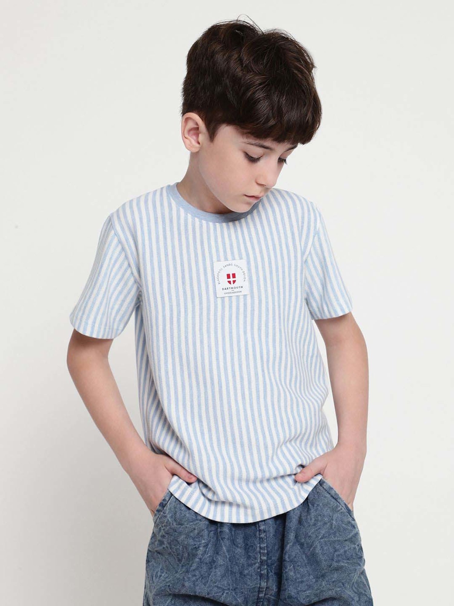Octave Kids Sky Melange Cotton Striped T-Shirt