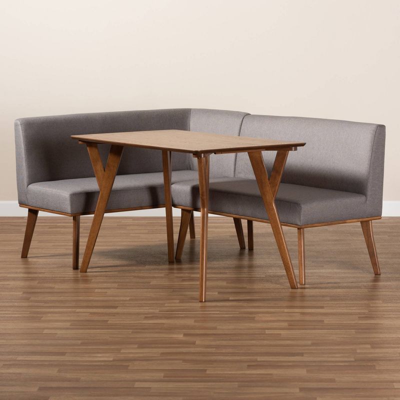 3pc Odessa Mid-Century Modern Fabric Upholstered Wood Dining Nook Set Walnut/Brown/Gray - Baxton Studio