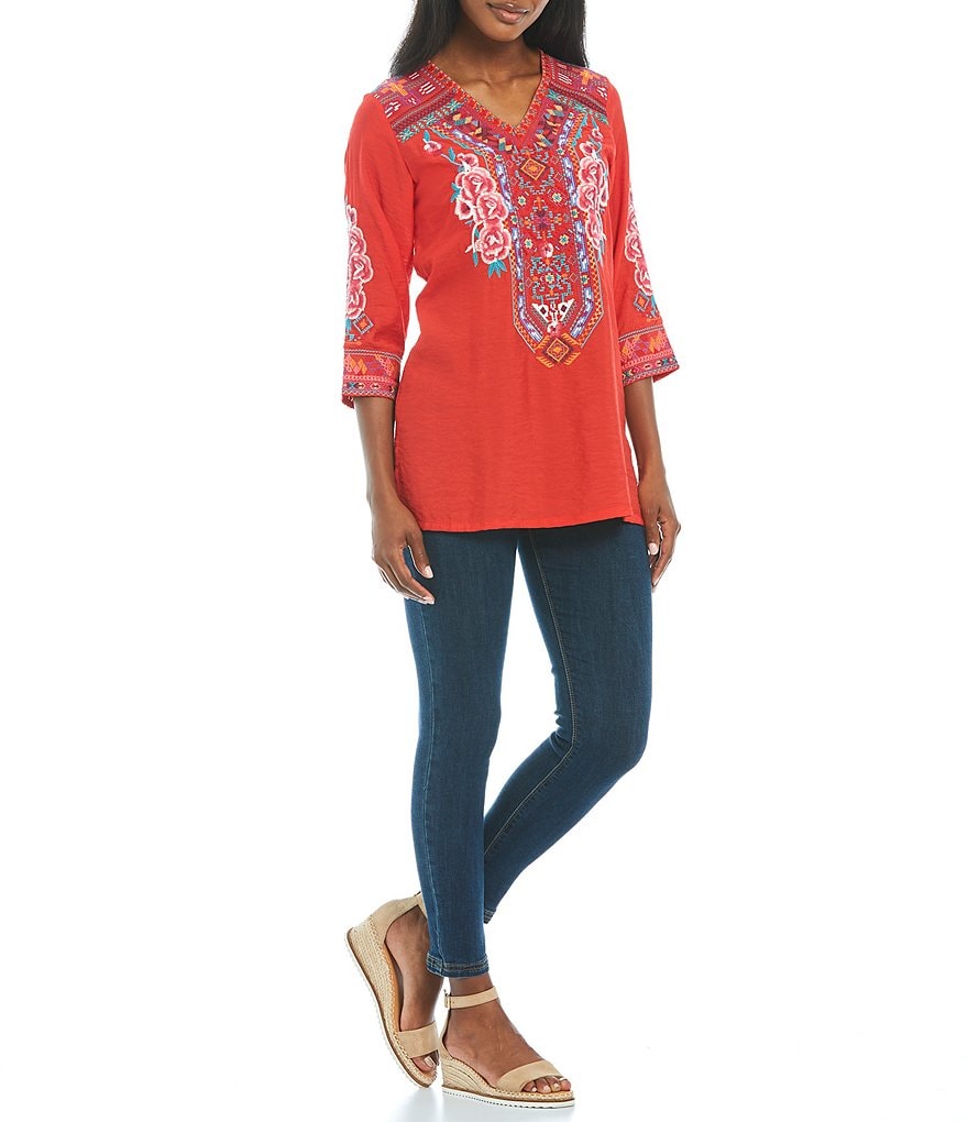 Calessa Mosaic Embroidered V-Neck Tunic