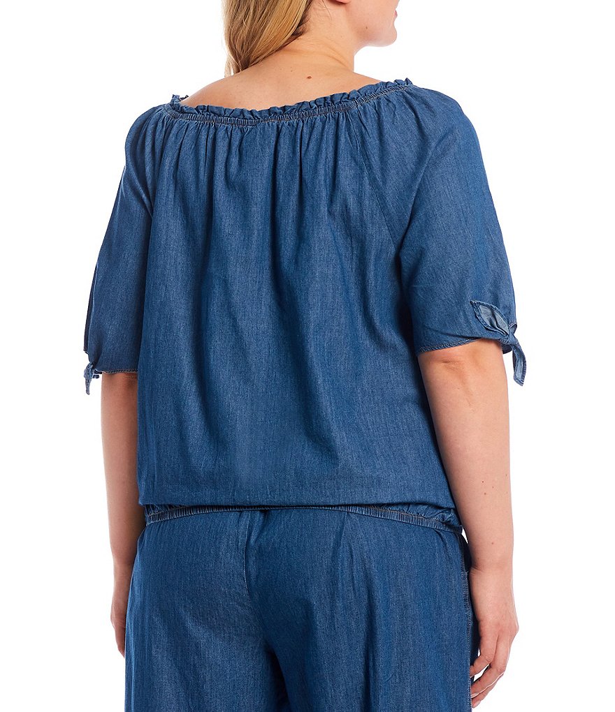 I.N. Studio Plus Size Denim Short Tie Sleeve Bubble Hem Off-the-Shoulder Ruffle Trim Neck Top