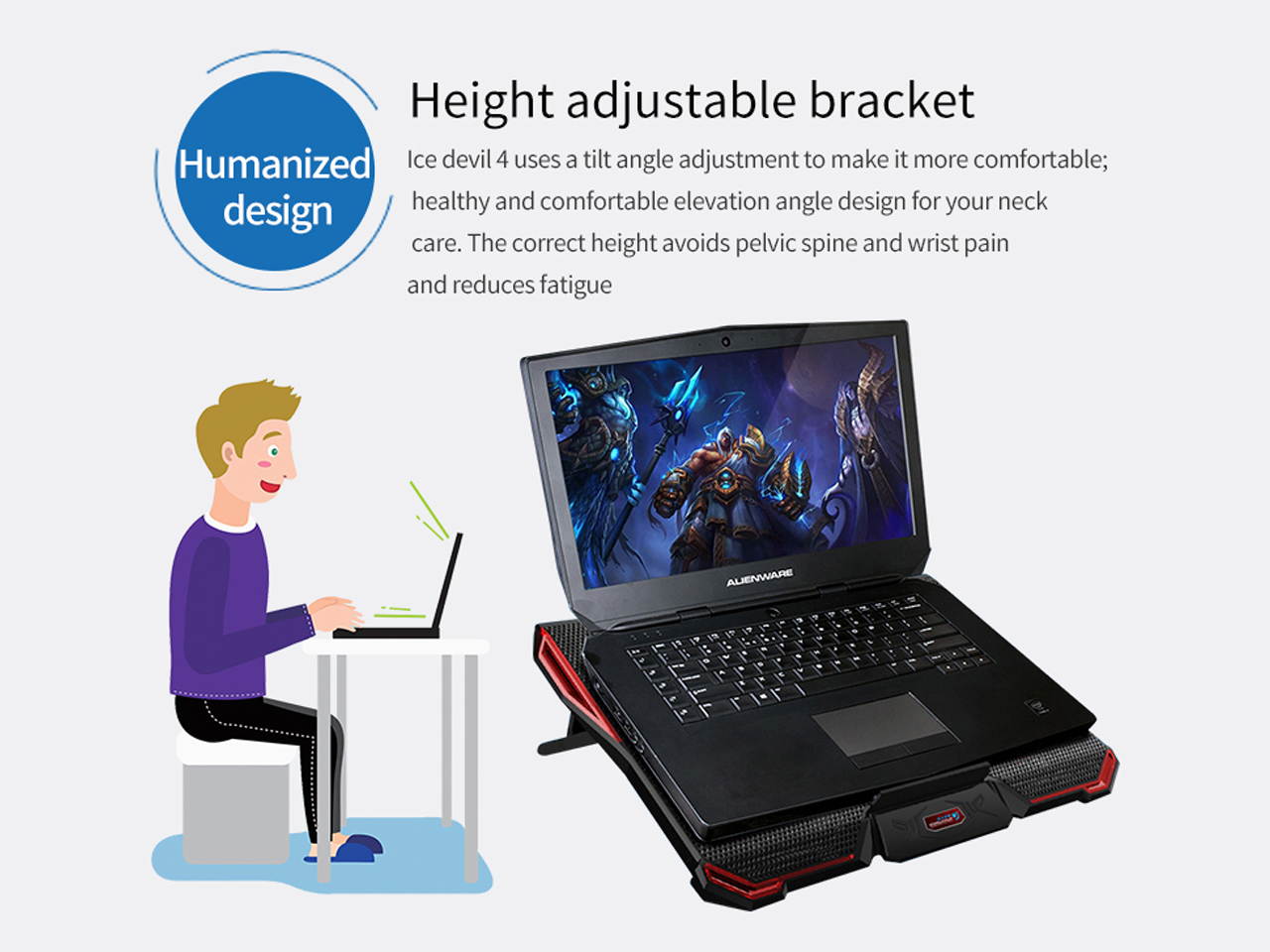 CoolCold 5 Fans 2 USB Laptop Cooling Pad Adjustable Notebook Holder High Speed Cooler for Macbook air/pro 12"13"14"15.6"17.3"