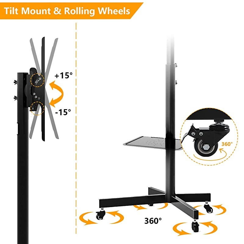 Mobile TV Cart Rolling TV Floor Stand with Locking Wheels and Tilt Mount for Most 2760 Inch Plasma LCD LED Flat Screen or Curved TVs Monitors Display Trolley Stand with Laptop ShelfTray