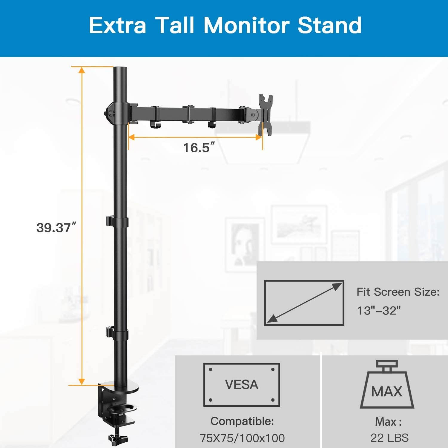 Single Monitor Stand Desk Mount - 39 Inch Extra Tall Fully Adjustable Stand with C Clamp/Grommet Mounting Base, Articulating Monitor Arm for 13-32 Inch Computer Screen, Holds up to 22lbs by HUANUO