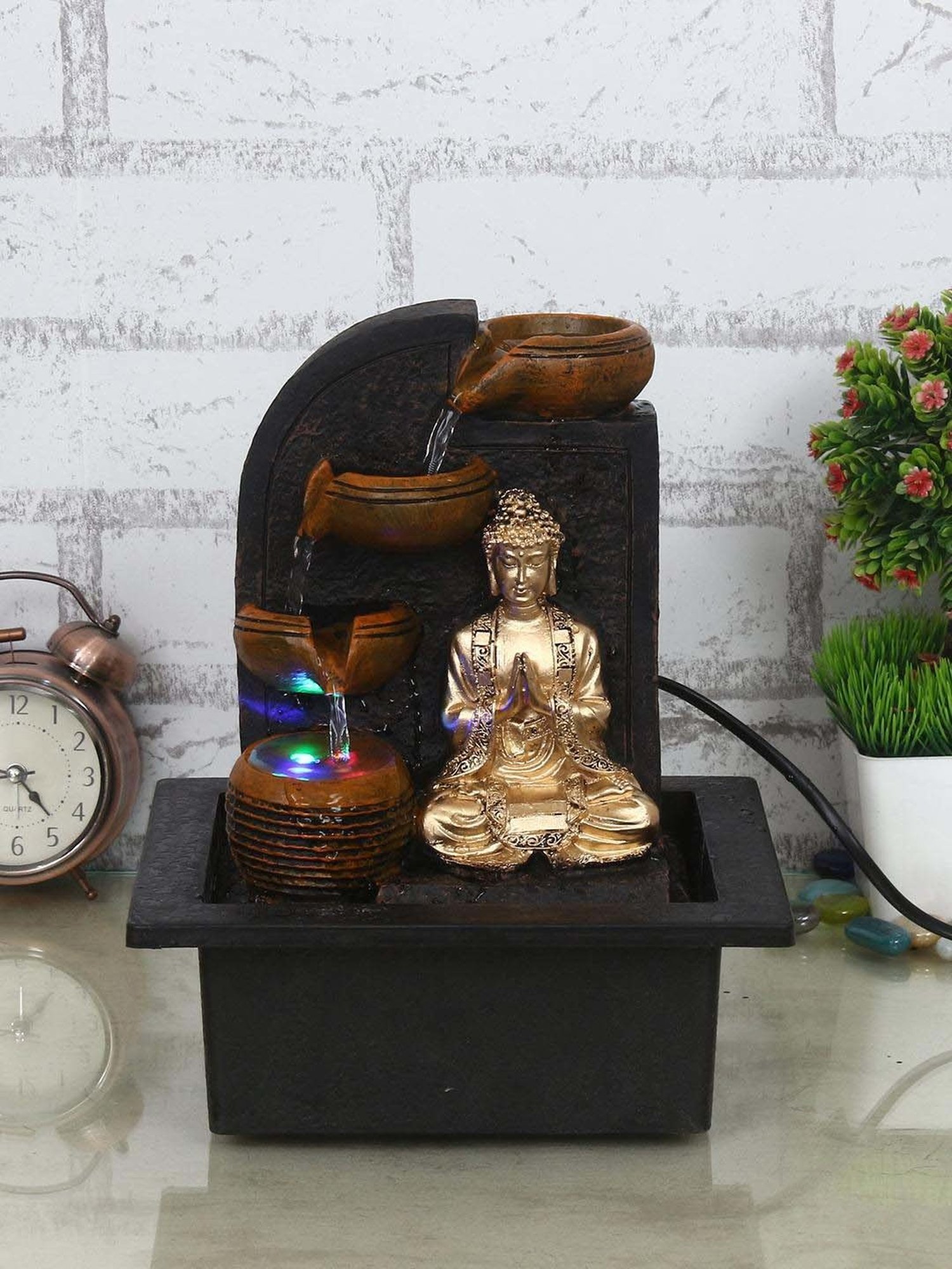 CHRONIKLE Brown & Golden Polyresin Namaskara Mudra Buddha 3 Steps Waterfall Fountain