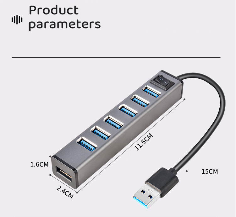 YSRO Type C HUB USB HUB, Aluminum 7 Ports  1 USB 2.0 +6 USB 3.0 Hub Slim 7-in-1 Mini Dock, For MacBook, MacBook Pro, MacBook Air, Mac Mini, iMac, XPS, Surface Pro, PCs and Laptops