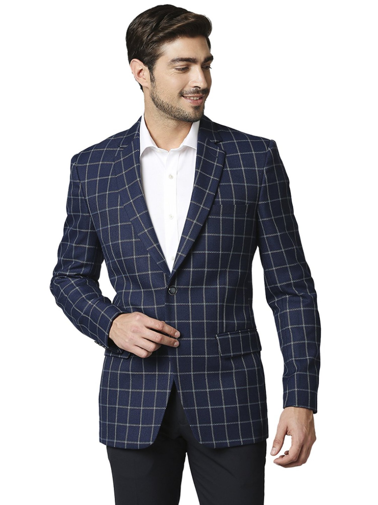 Raymond Navy  Regular Fit Checks Blazer