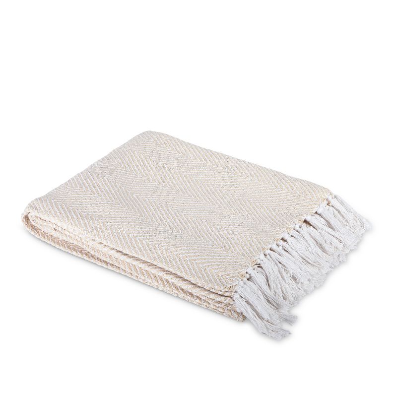 Lone Elm Studios 50"L X 60"W 100% Cotton Ivory Jacquard Woven Throw Blanket,