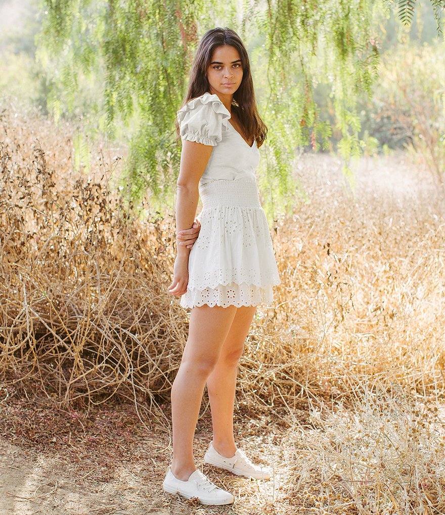 Shabby Chic Eyelet Ruffle Coordinating Smocked Waist Mini Skirt