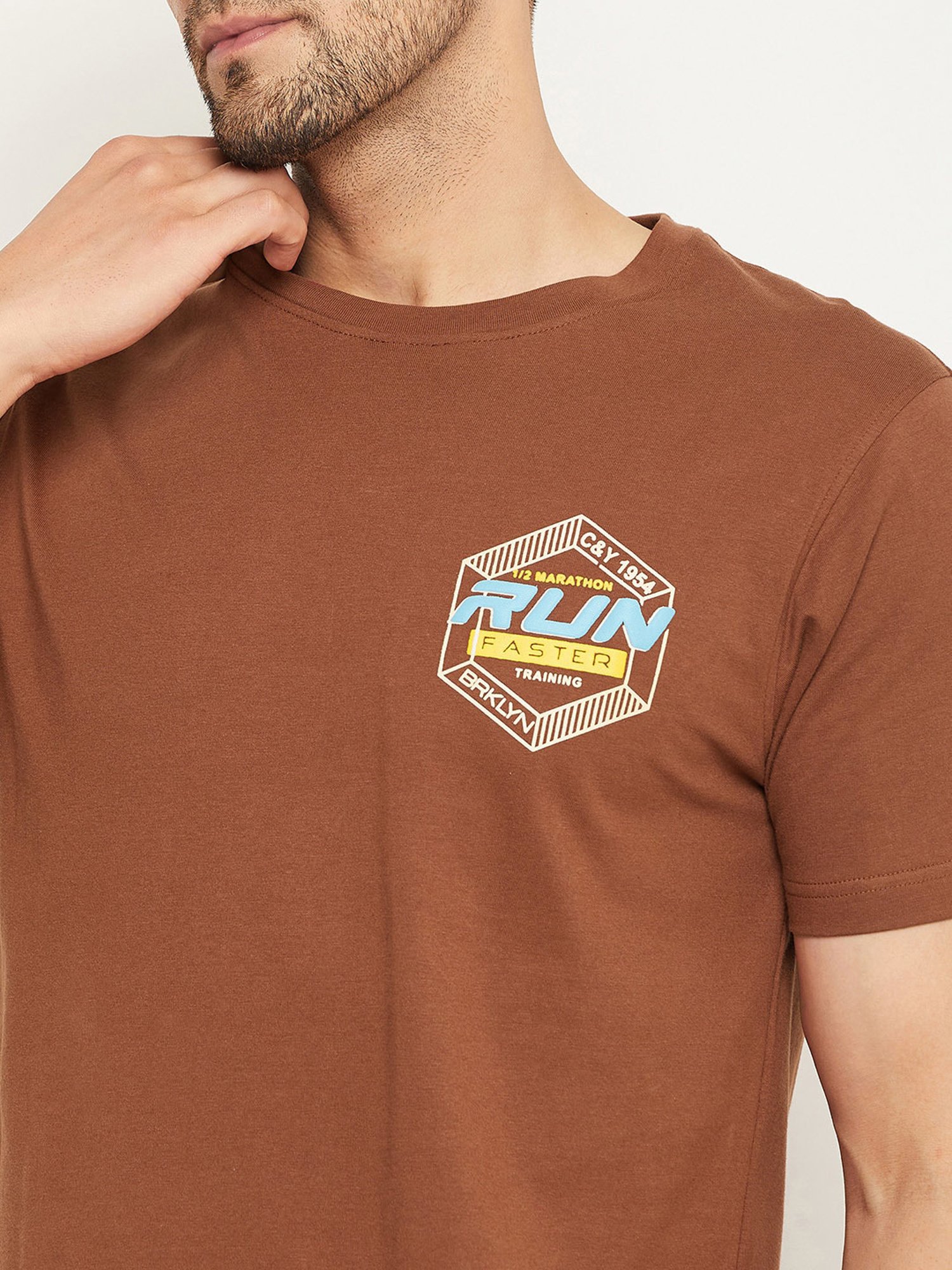 Club York Coffee Brown Regular Fit Printed Crew T-Shirt