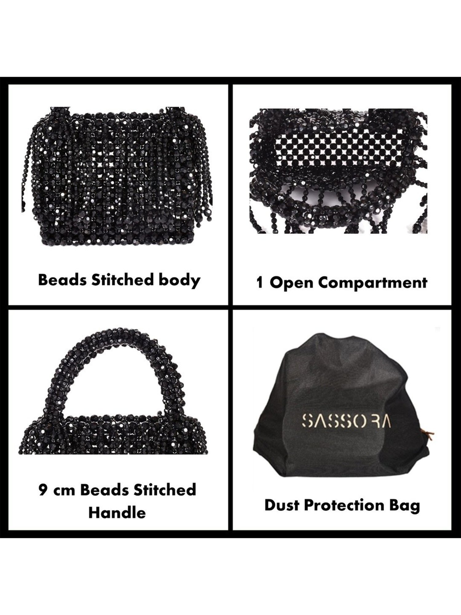 SASSORA RIM Black Leather Embellished Medium Handbag