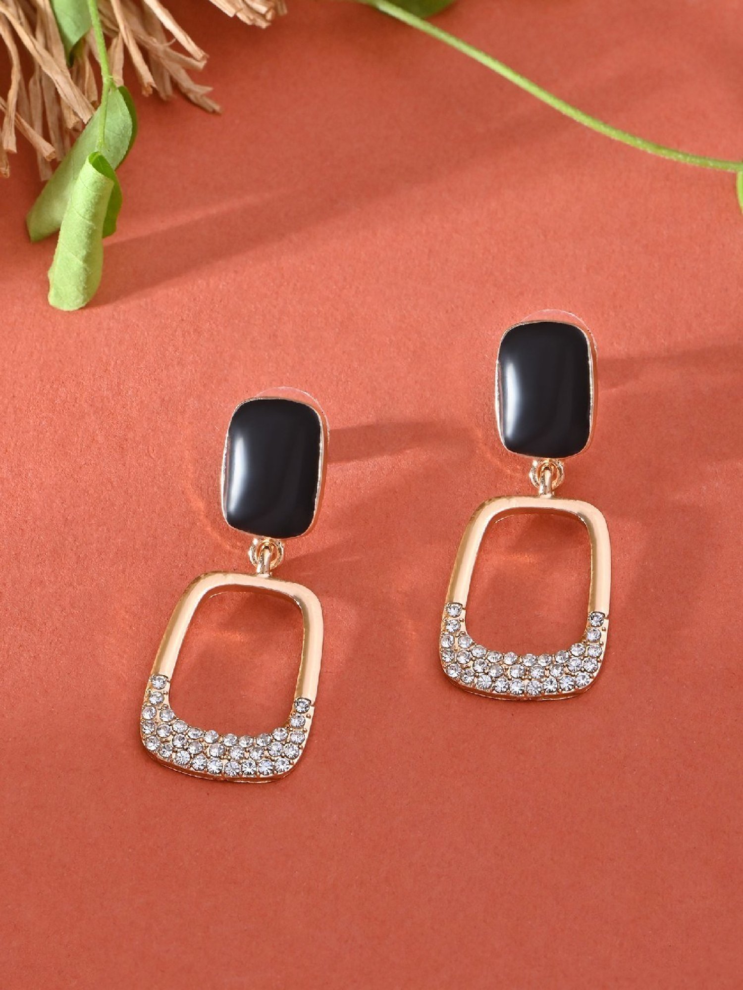 ToniQ Gold Black CZ Party Drop Earrings for Women