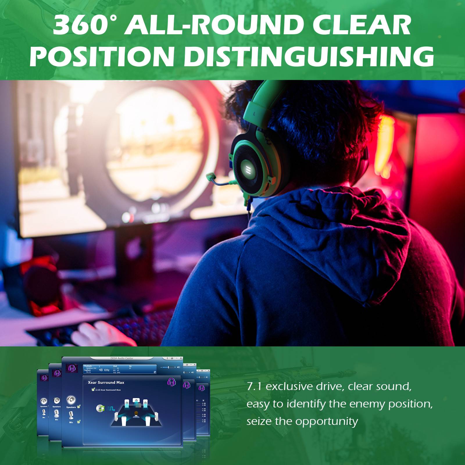 EKSA E900 Pro Gaming Headset with Detachable Microphone 7.1 Surround Sound Headset Gamer USB/3.5mm Wired Headphones For PC PS4 Xbox one Earphones(Green)