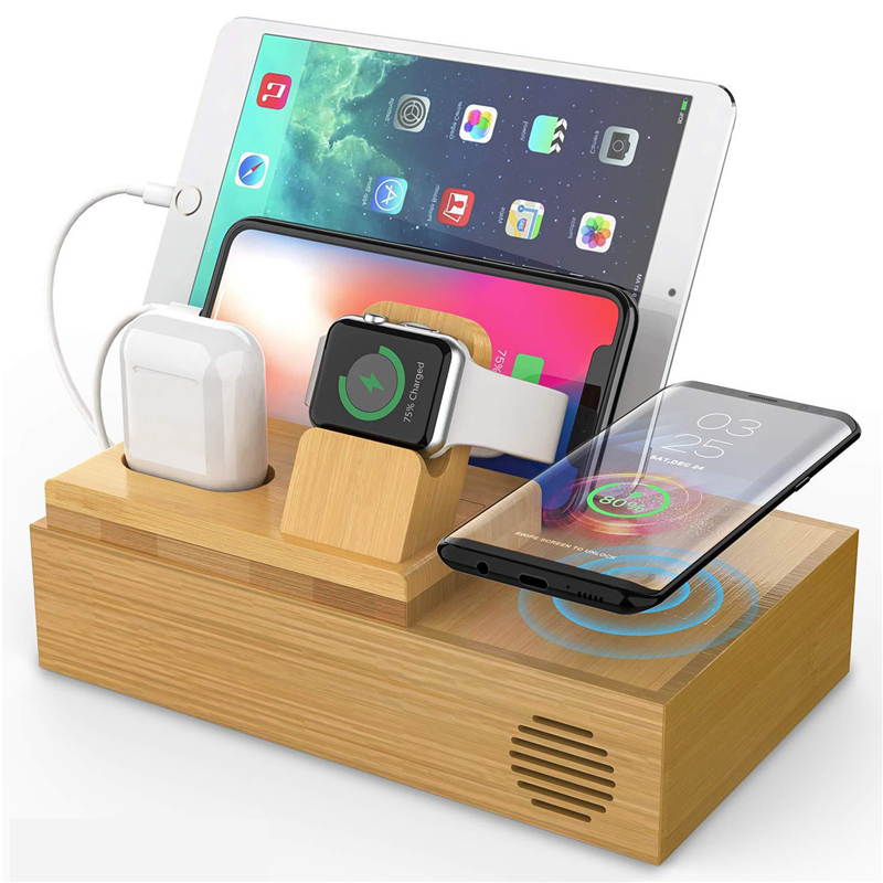 Bamboo 4 USB Ports Docking Station With Qi Wireless Charger Phone Holder Tablet Stand Watch Holder for Smart Phone Tablet Apple Watch Series