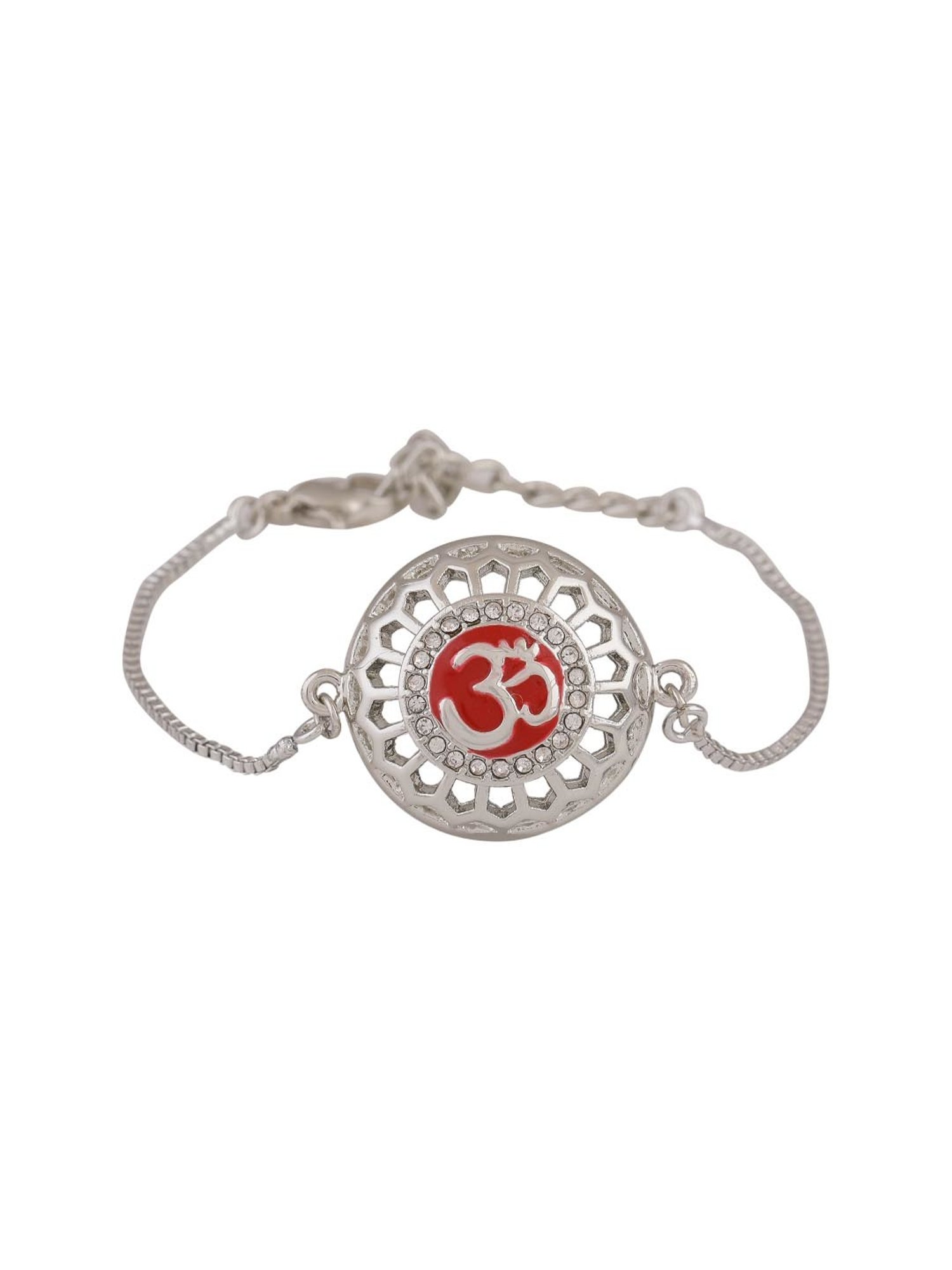 Estele Rhodium-Plated Red Enamel Om Bracelet with Crystals for Women