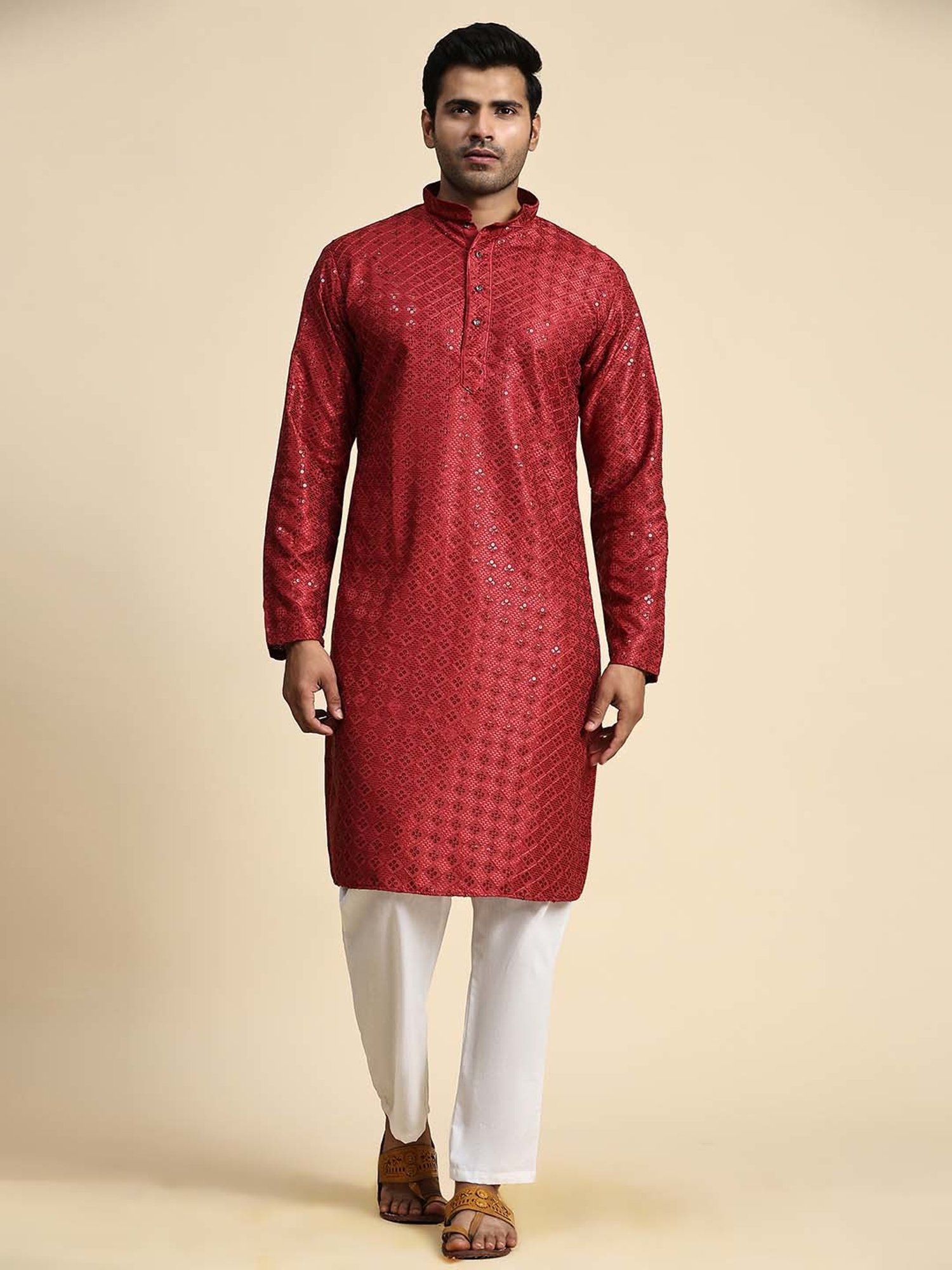Pro-Ethic Style Developer Maroon & White Regular Fit Embroidered Kurta & Pyjamas Set