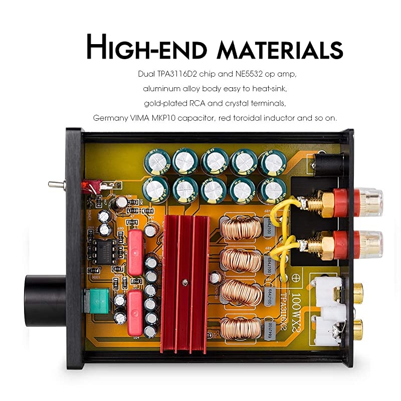 Mini 200W Dual TPA3116 20 Channel HiFi Stereo Digital Power Amplifier Receiver Class D Integrated Amp for Home Speakers with Power Supply