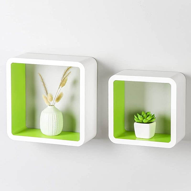 Set of 2 Cube Floating Shelves Wood Wall Shelves for Home Decoration Storage Display Rack White+Green