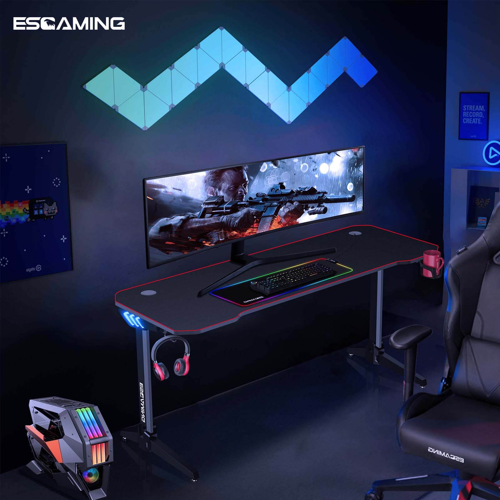 ESGAMING 55.2 Inch RGB light strip Gaming Desk  PC Computer Desk Y-shaped Table Home Office Desk with over-size full black Mouse Pad, Free Headphone Hook, Gaming Handle Rack and Cup Holder (Black)