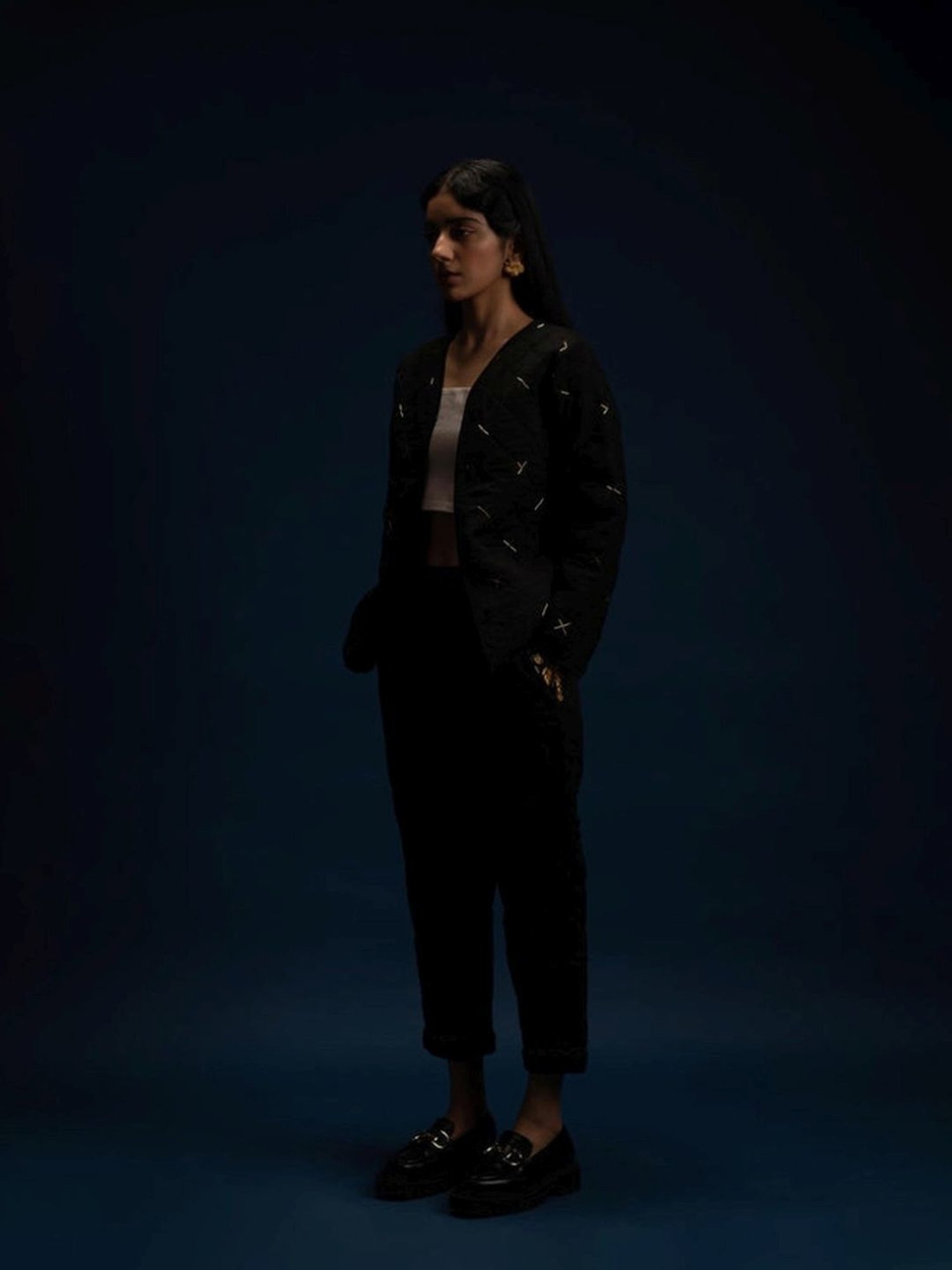 Khajoor Studio Black Fragments Dancing Stars Quilted Jacket with Pant