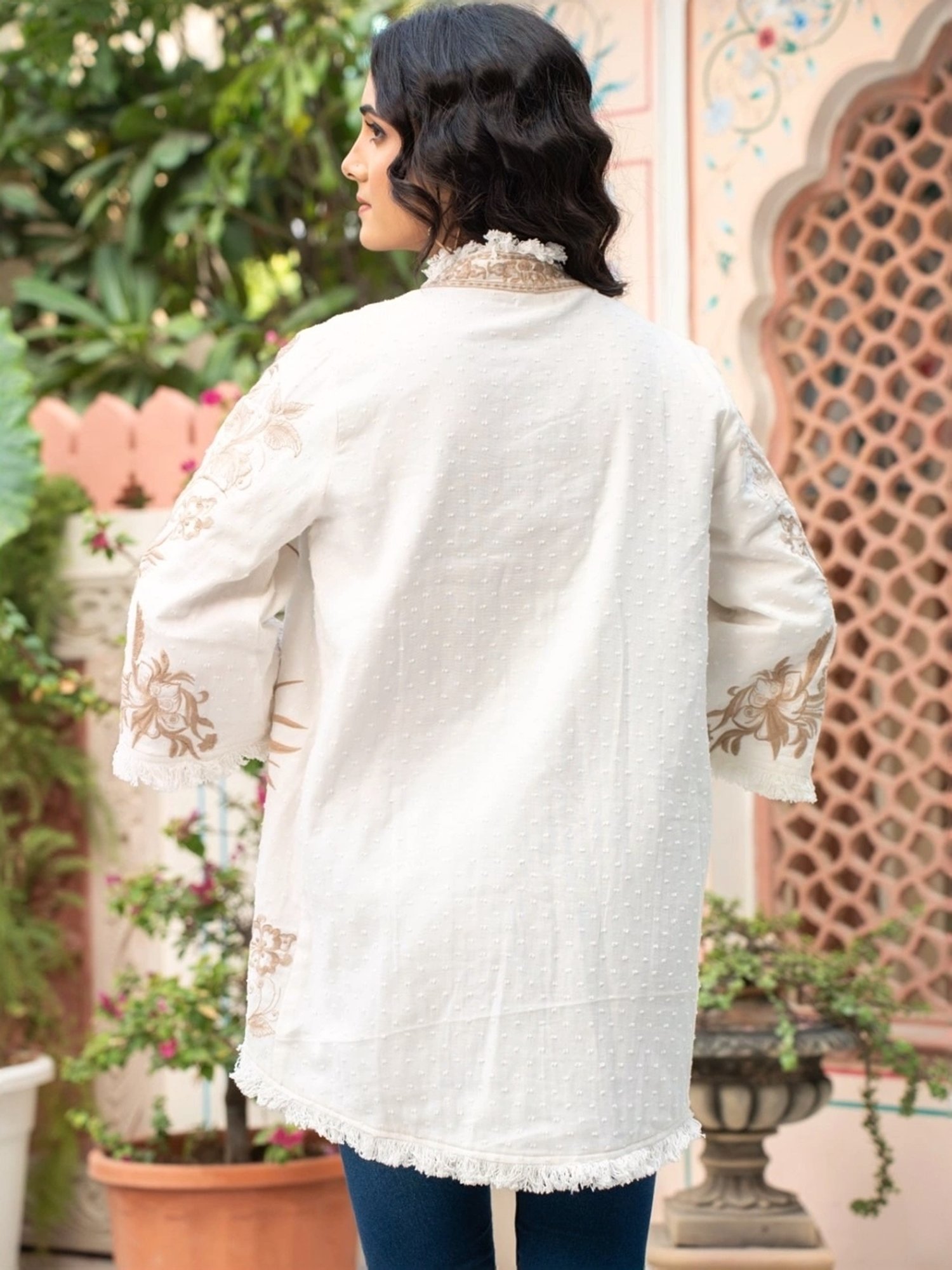 Zolo Label Off-White Cotton Embroidered Jacket