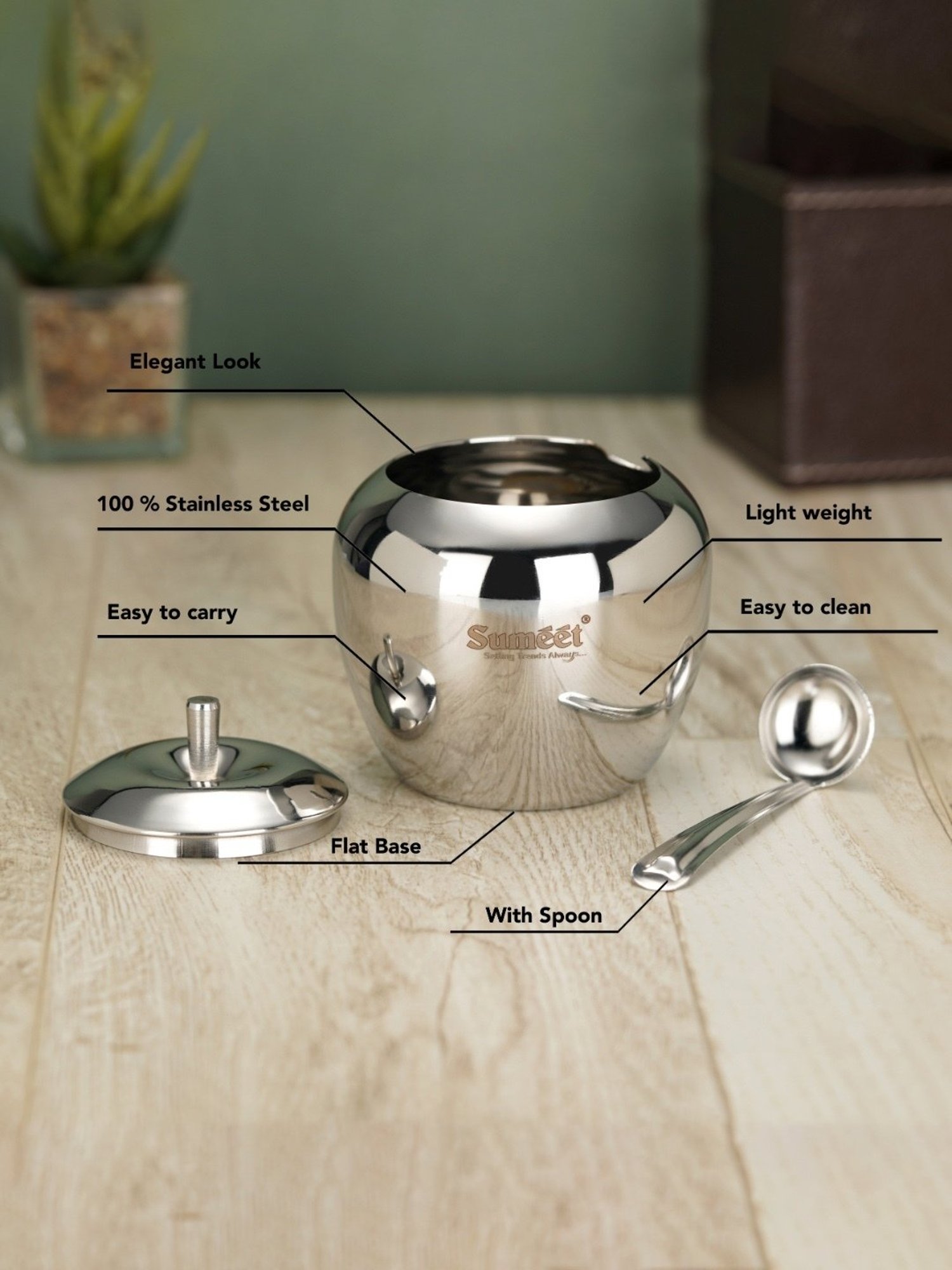 Sumeet S.S.Apple Shape Ghee&Oil Pot,Storage Container with Spoon for Kitchen,7.5cm,220ML-(Pack of 2)