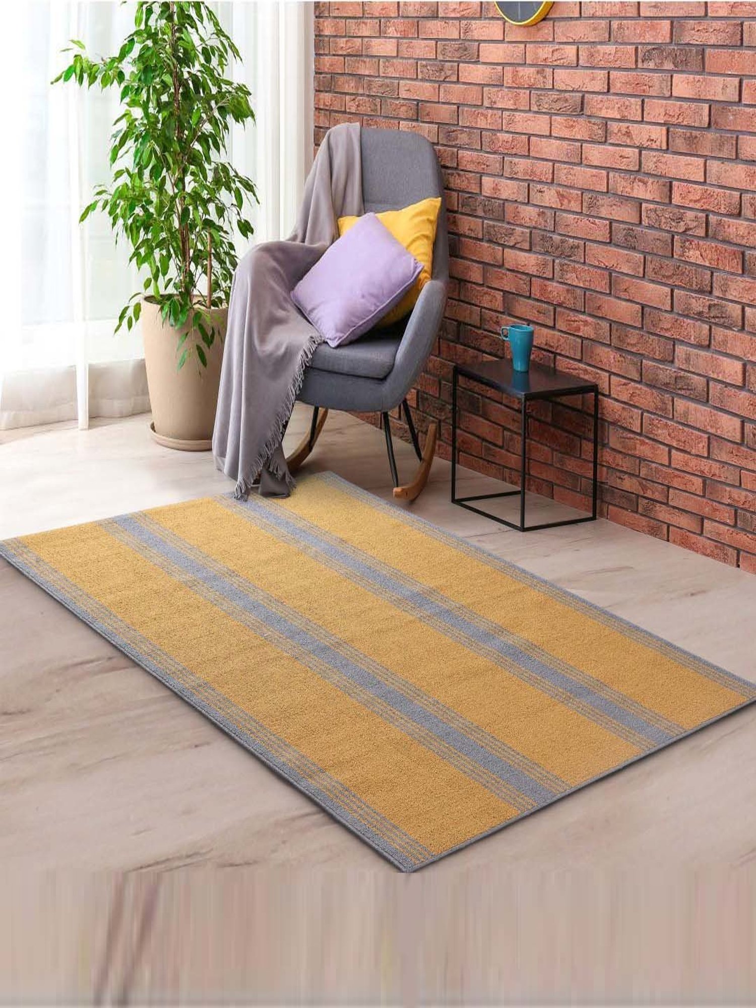 Saral Home Mustard & Grey Polypropylene Large Antiskid & Washable Power Carpet