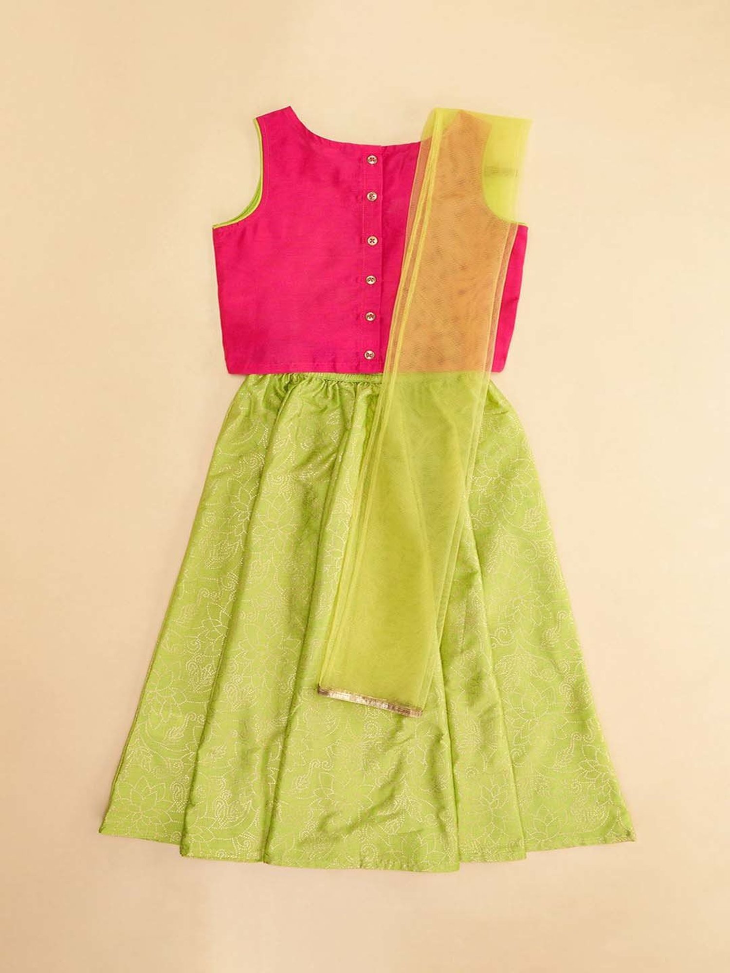 YU by Pantaloons Kids Pink & Lime Green Embroidered Lehenga Cholis