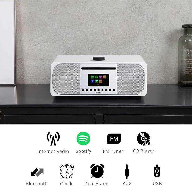 M5+ All-in-One Music System CD Player,Internet Radio,FM Radio,WiFi,Spotify Connect,Bluetooth,Wooden Box,USB MP3,Headphone-Out,Clock&Alarms,Colour Display, Remote& app Control &ndash;White