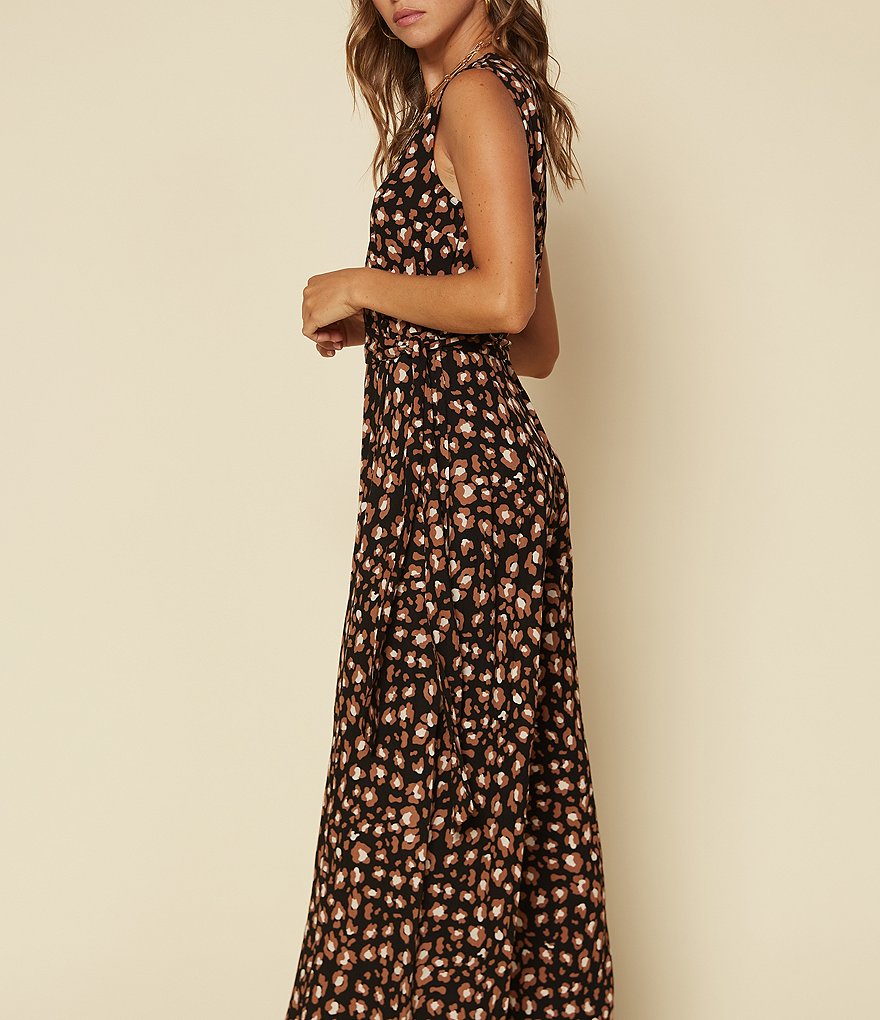 Skies Are Blue Leopard Print Surplice V-Neck Self Tie Belt Sleeveless Jumpsuit