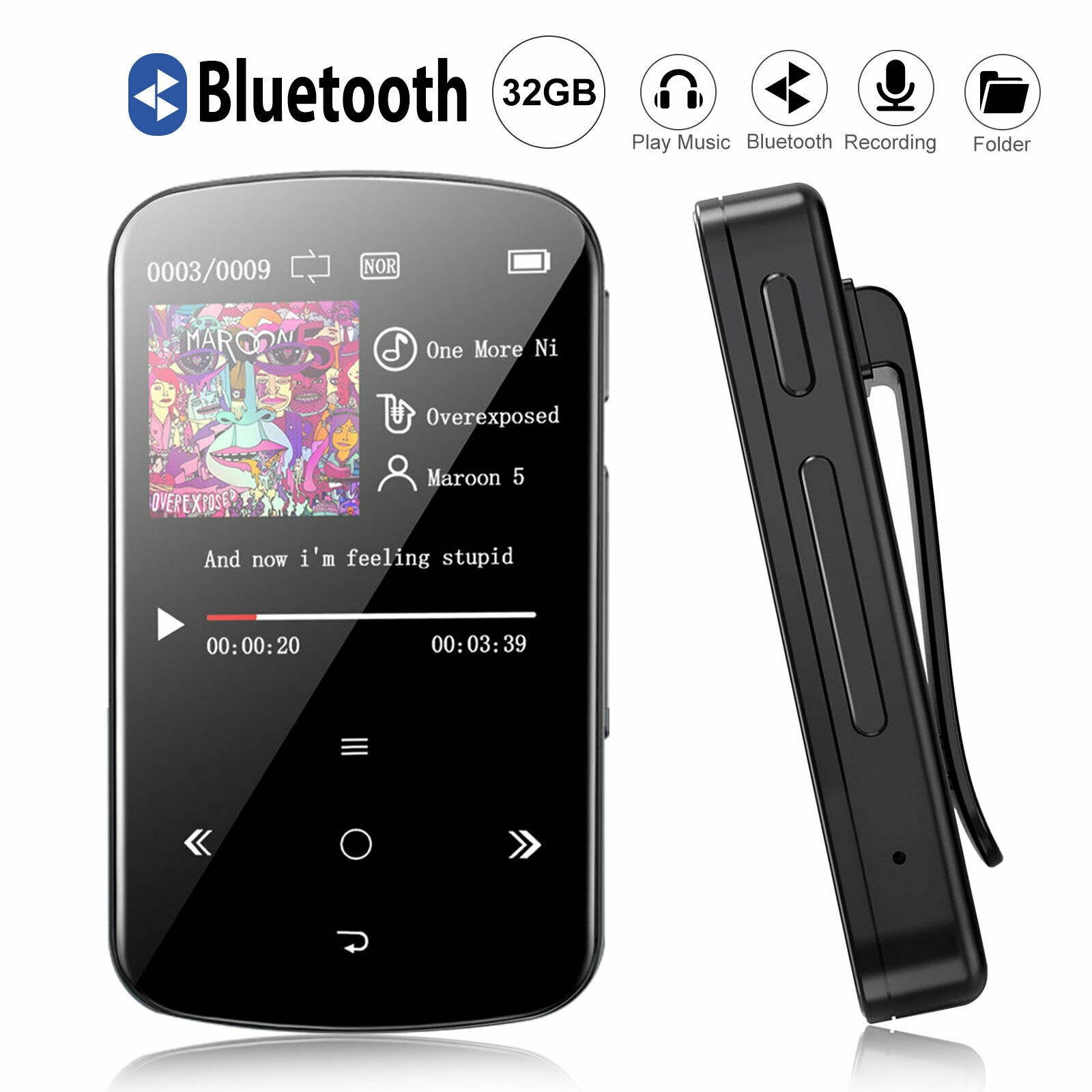 32GB Portable Sport Clip MP3 Player w/Bluetooth 4.2 HIFI Music FM Radio Recorder